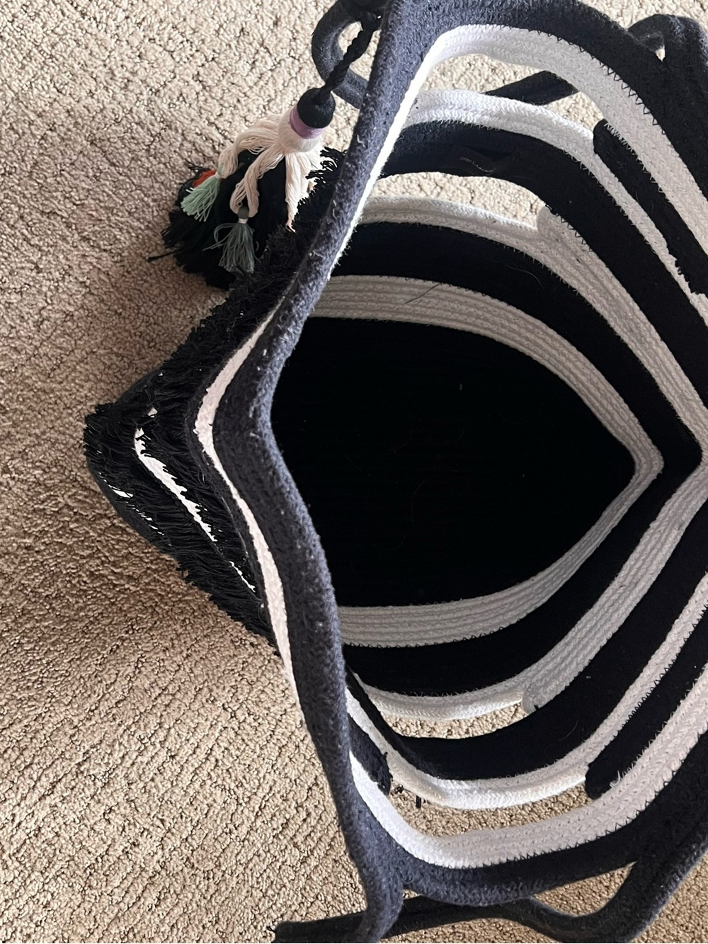 Stella & Dot Black & White Striped Fringe Tote Bag with Colorful Tassels - Picture 4 of 5